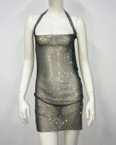 Dress Fishnet Rhinestone Halterneck Slit Tight Dress